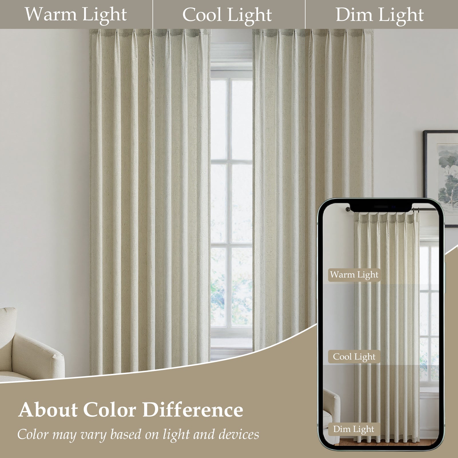 Jainmy Pinch Pleated Linen Curtains, Boho Light Filtering Living Room Bedroom Curtain,Window Treatments with Hook, 2 Panels