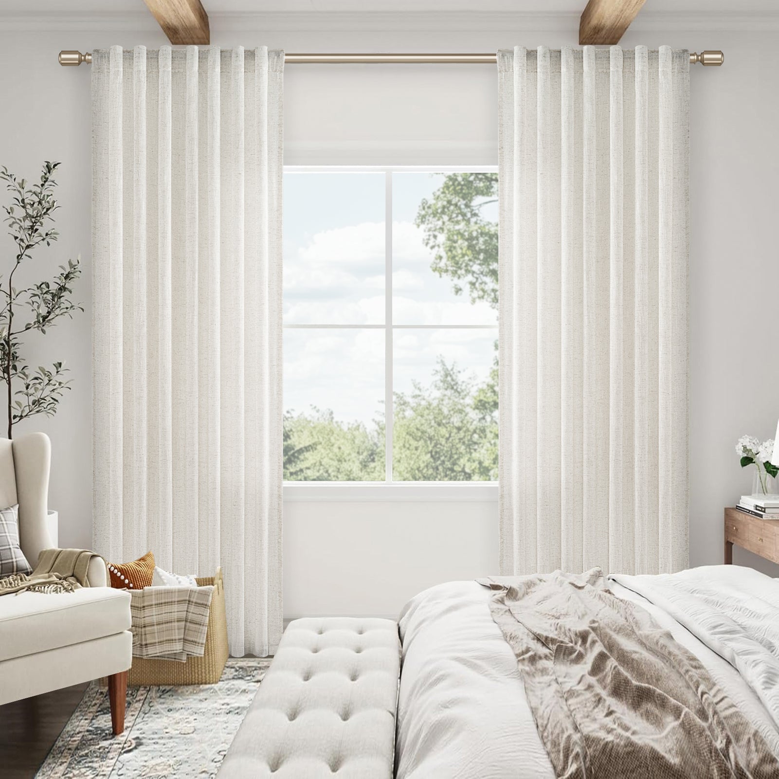Jainmy Linen Light Filtering Curtainsfor Living Room Bedroom, Rod Pocket Back Tab Semi Sheer Farmhouse Window Drapes, 2 Panels