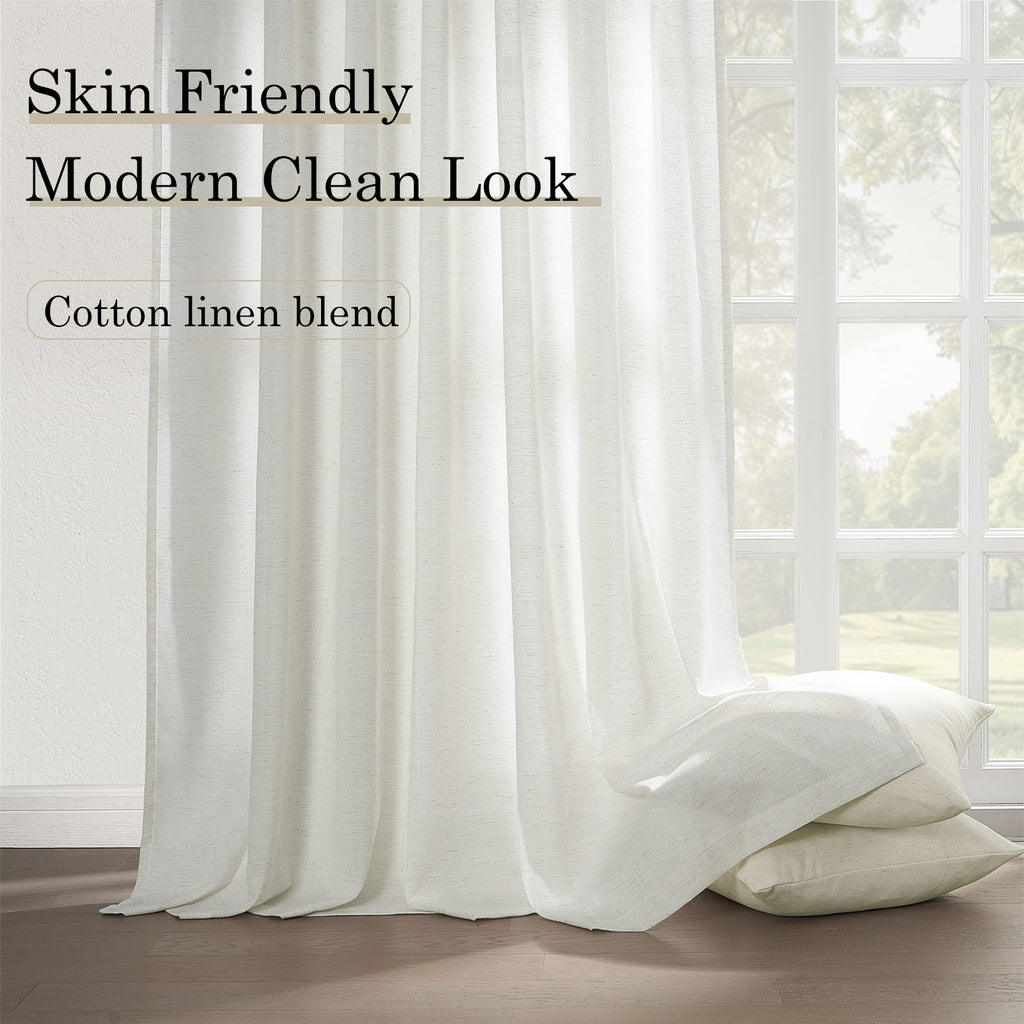 Jainmy Classic Flax Linen Blend Semi Sheer Curtains, Back Tab Drapes for Living Room Bedroom Dining Farmhouse,  2 Panels