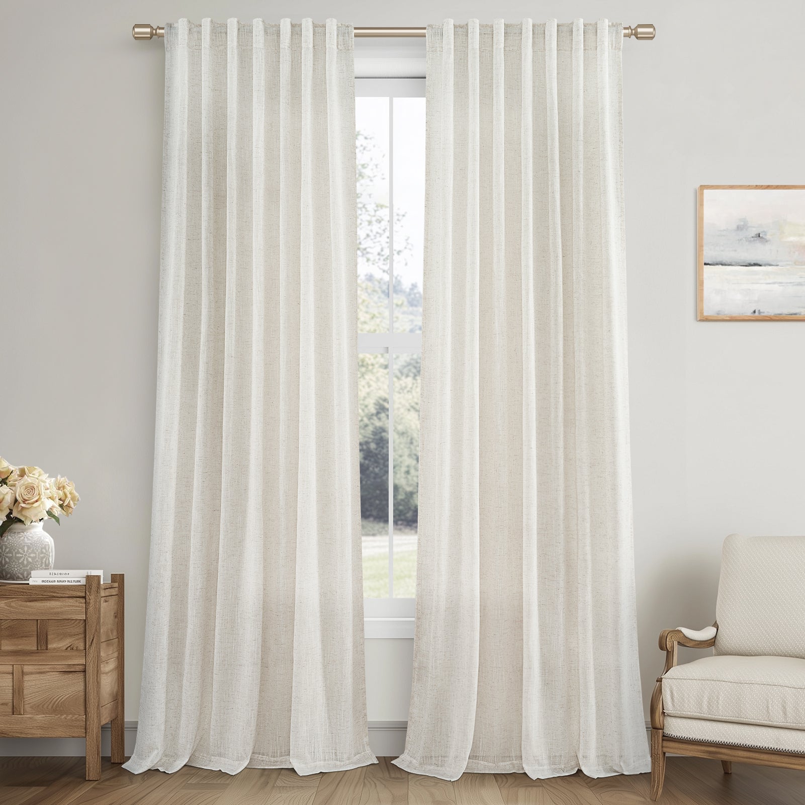 Jainmy Linen Light Filtering Curtainsfor Living Room Bedroom, Rod Pocket Back Tab Semi Sheer Farmhouse Window Drapes, 2 Panels