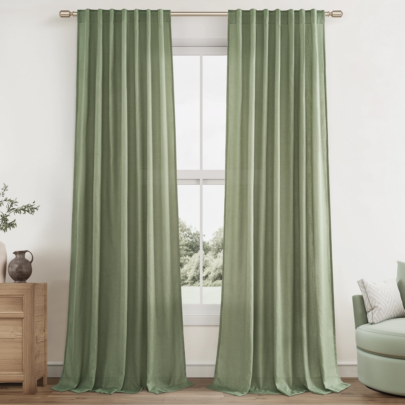 Jainmy Linen Light Filtering Curtainsfor Living Room Bedroom, Rod Pocket Back Tab Semi Sheer Farmhouse Window Drapes, 2 Panels
