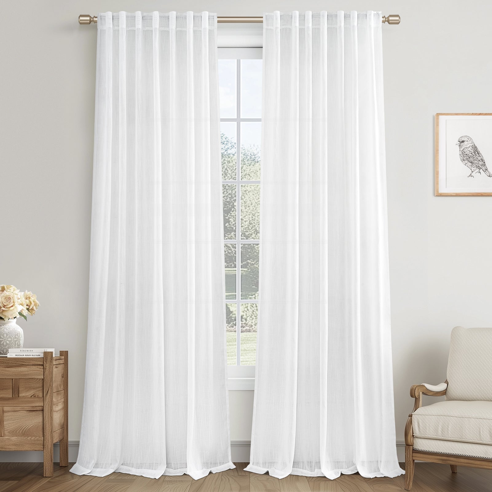 Jainmy Linen Light Filtering Curtainsfor Living Room Bedroom, Rod Pocket Back Tab Semi Sheer Farmhouse Window Drapes, 2 Panels